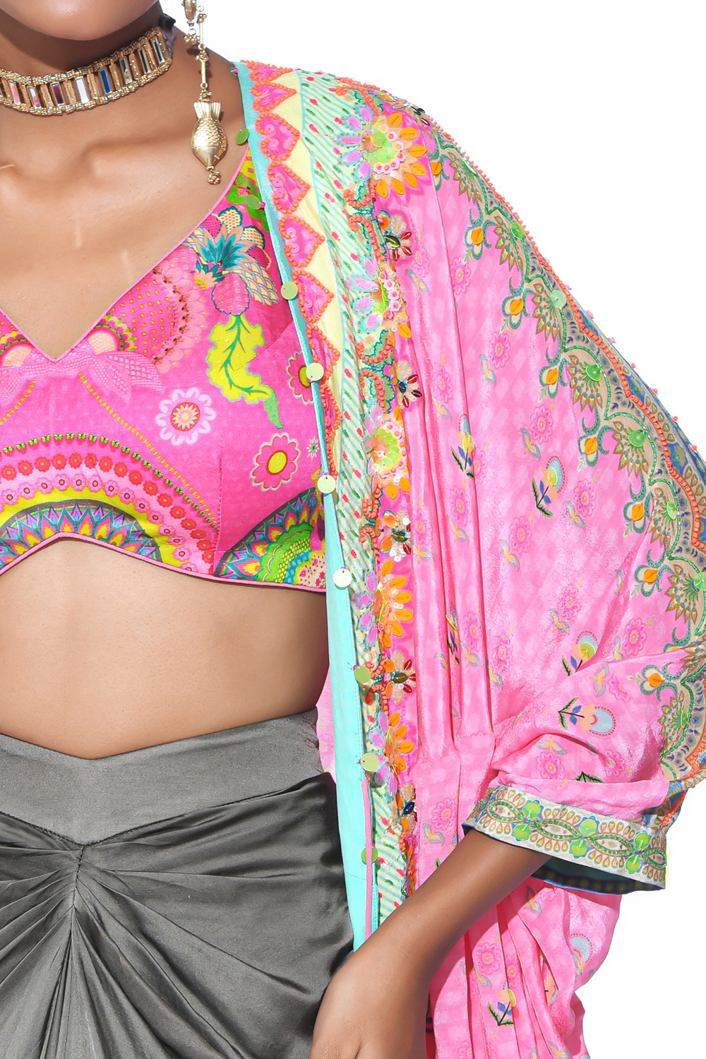 Garden Pink Hand Embroidered Shrug Set-Siddhartha Bansal