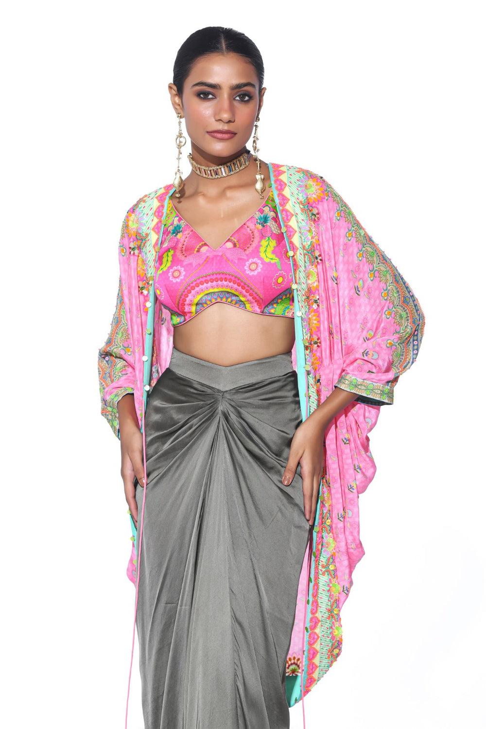 Garden Pink Hand Embroidered Shrug Set-Siddhartha Bansal