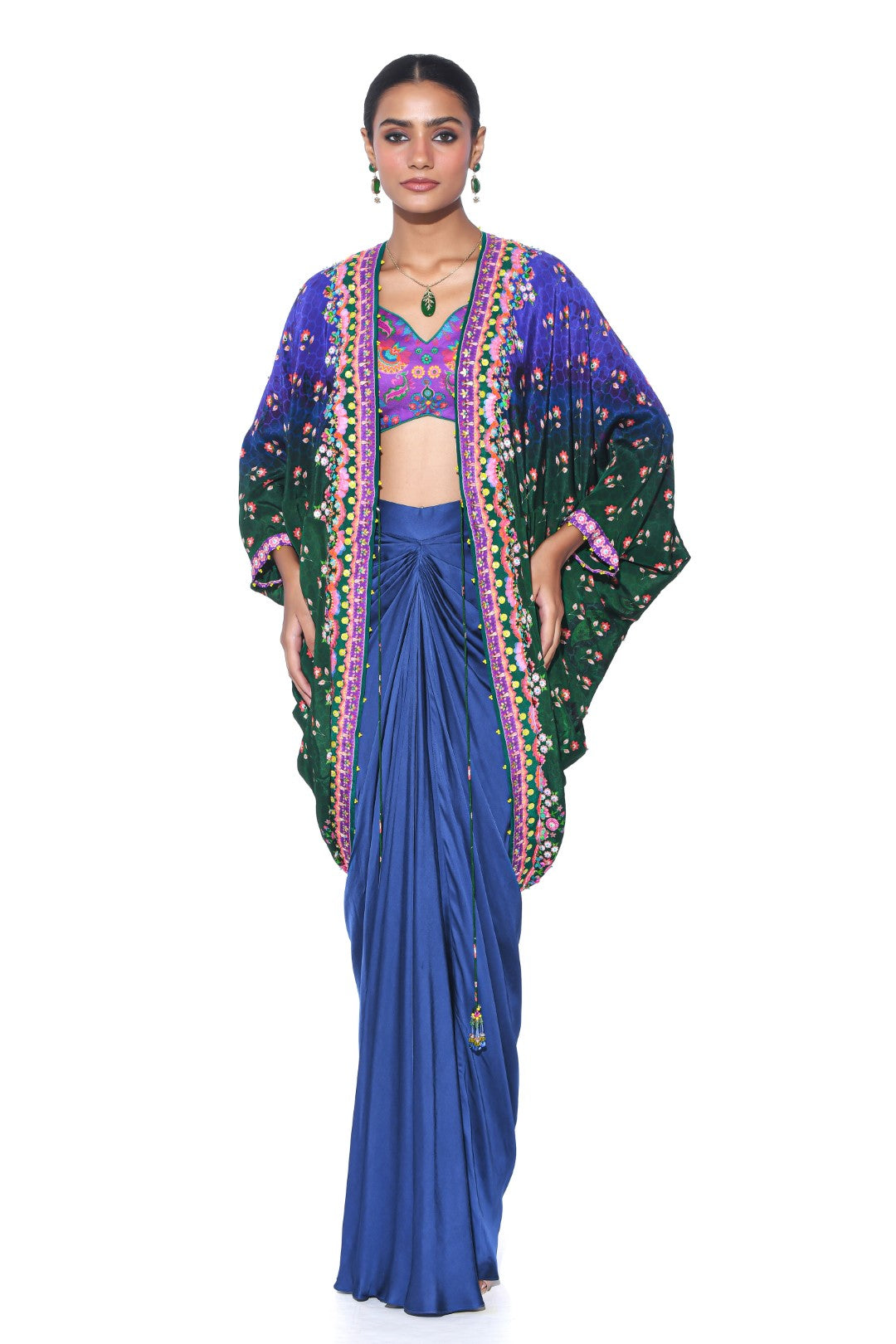 Blue, Green Ombre Hand Embroidered Shrug Set-Siddhartha Bansal