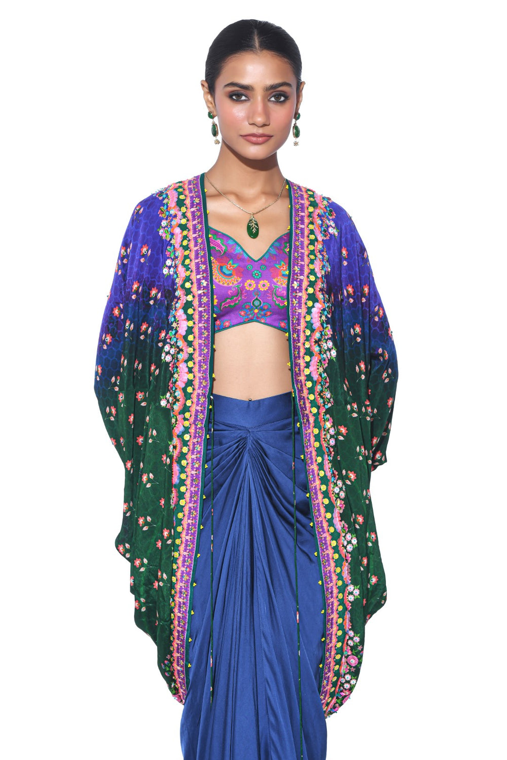 Blue, Green Ombre Hand Embroidered Shrug Set-Siddhartha Bansal