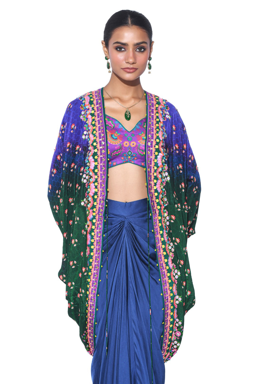 Blue, Green Ombre Hand Embroidered Shrug Set-Siddhartha Bansal
