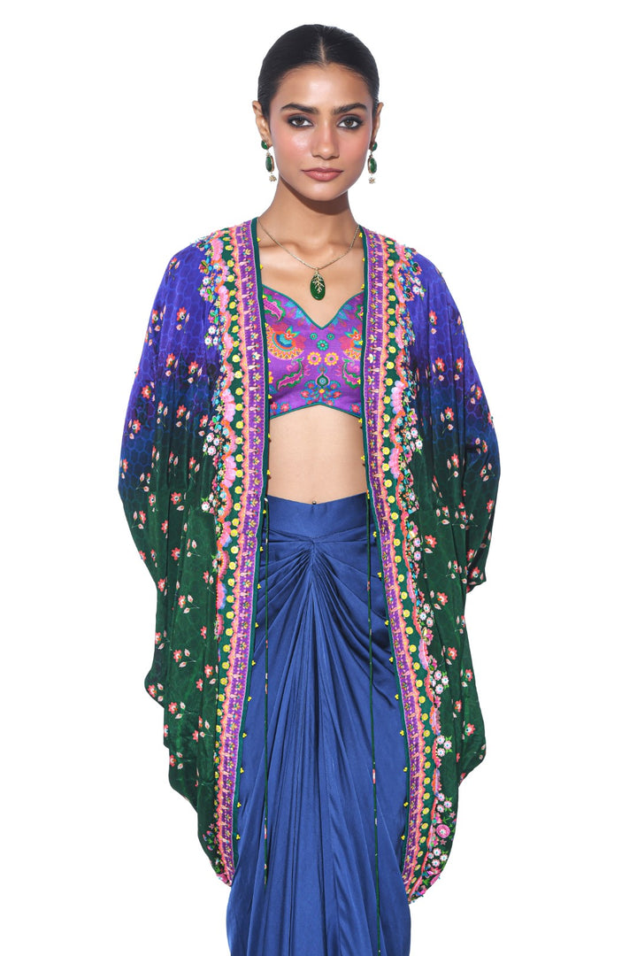 Blue, Green Ombre Hand Embroidered Shrug Set-Siddhartha Bansal