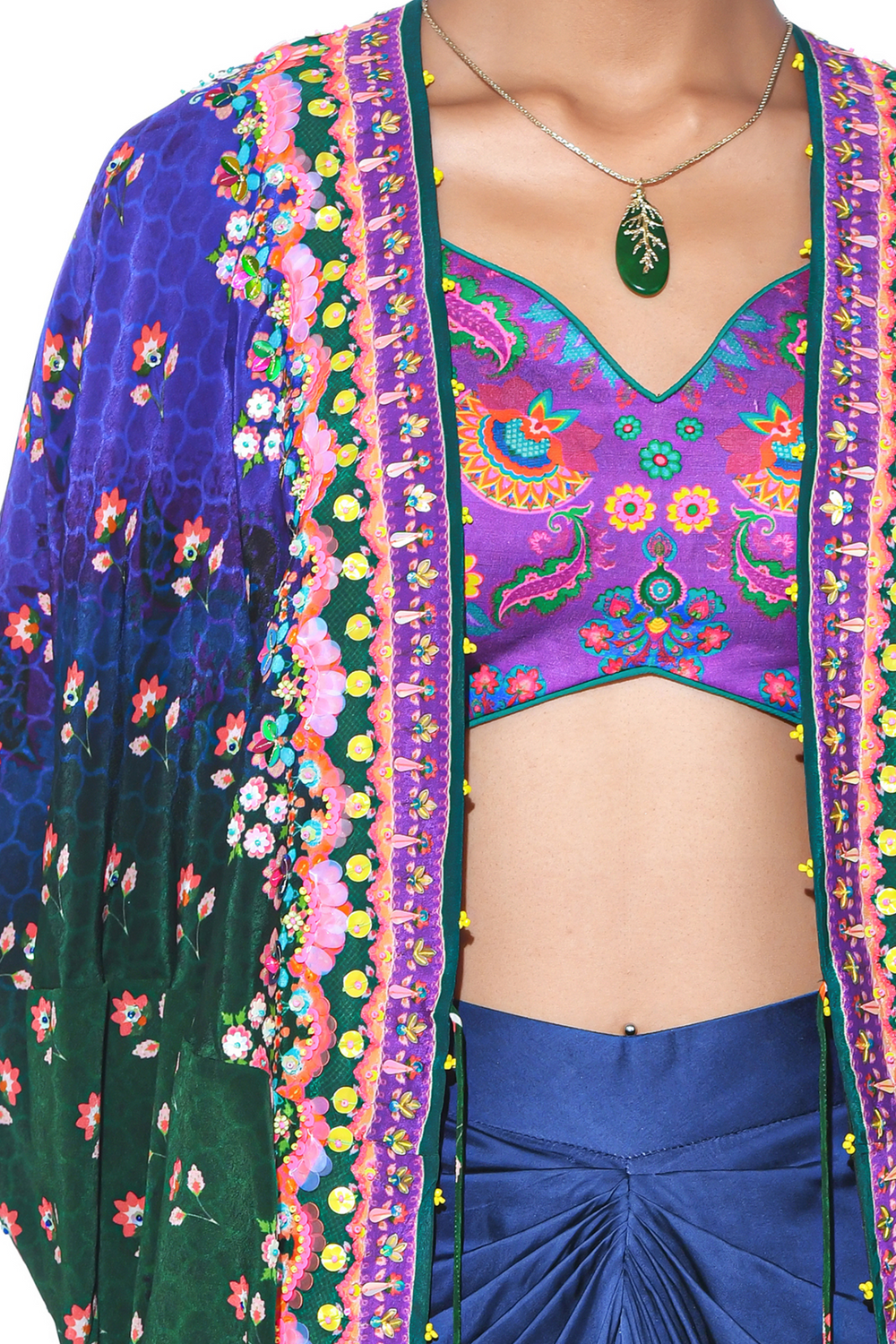 Blue, Green Ombre Hand Embroidered Shrug Set-Siddhartha Bansal