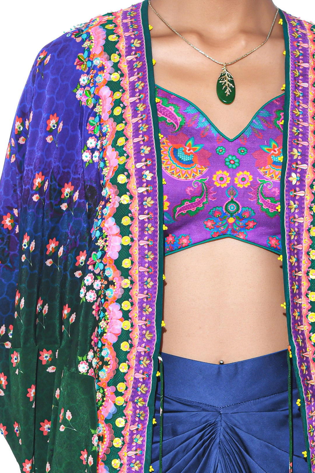 Blue, Green Ombre Hand Embroidered Shrug Set-Siddhartha Bansal