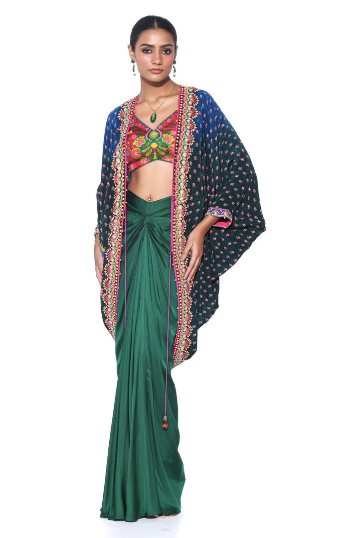 Ombre Oriental Blue Hand Embroidered Shrug Set-Kaftan-Siddhartha Bansal