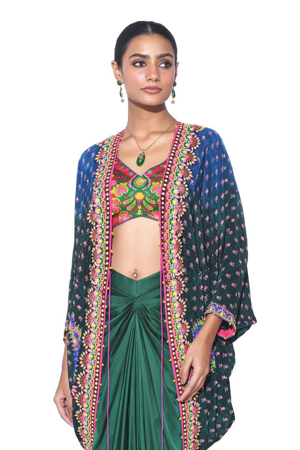 Ombre Oriental Blue Hand Embroidered Shrug Set-Kaftan-Siddhartha Bansal