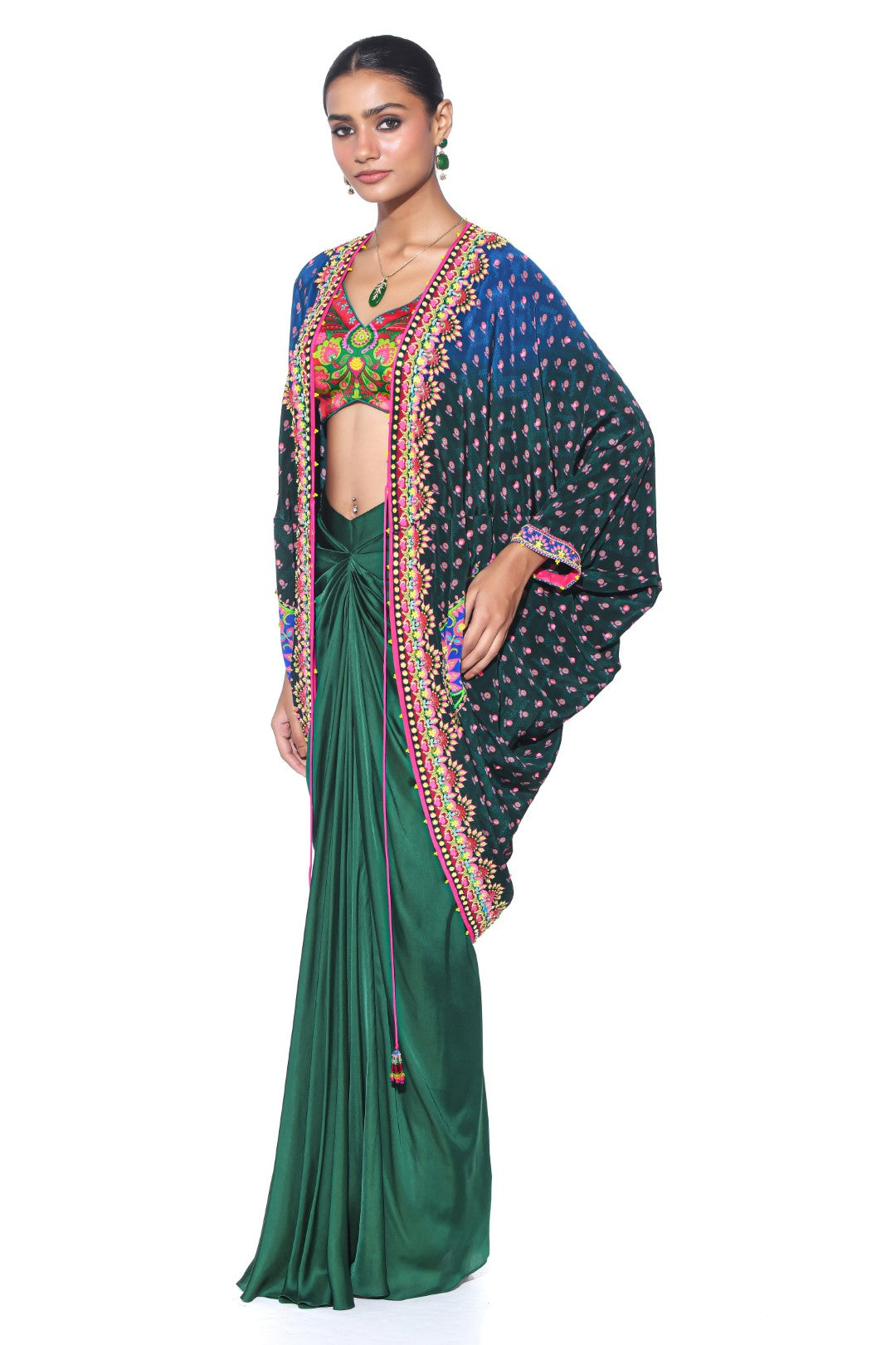 Ombre Oriental Blue Hand Embroidered Shrug Set-Kaftan-Siddhartha Bansal