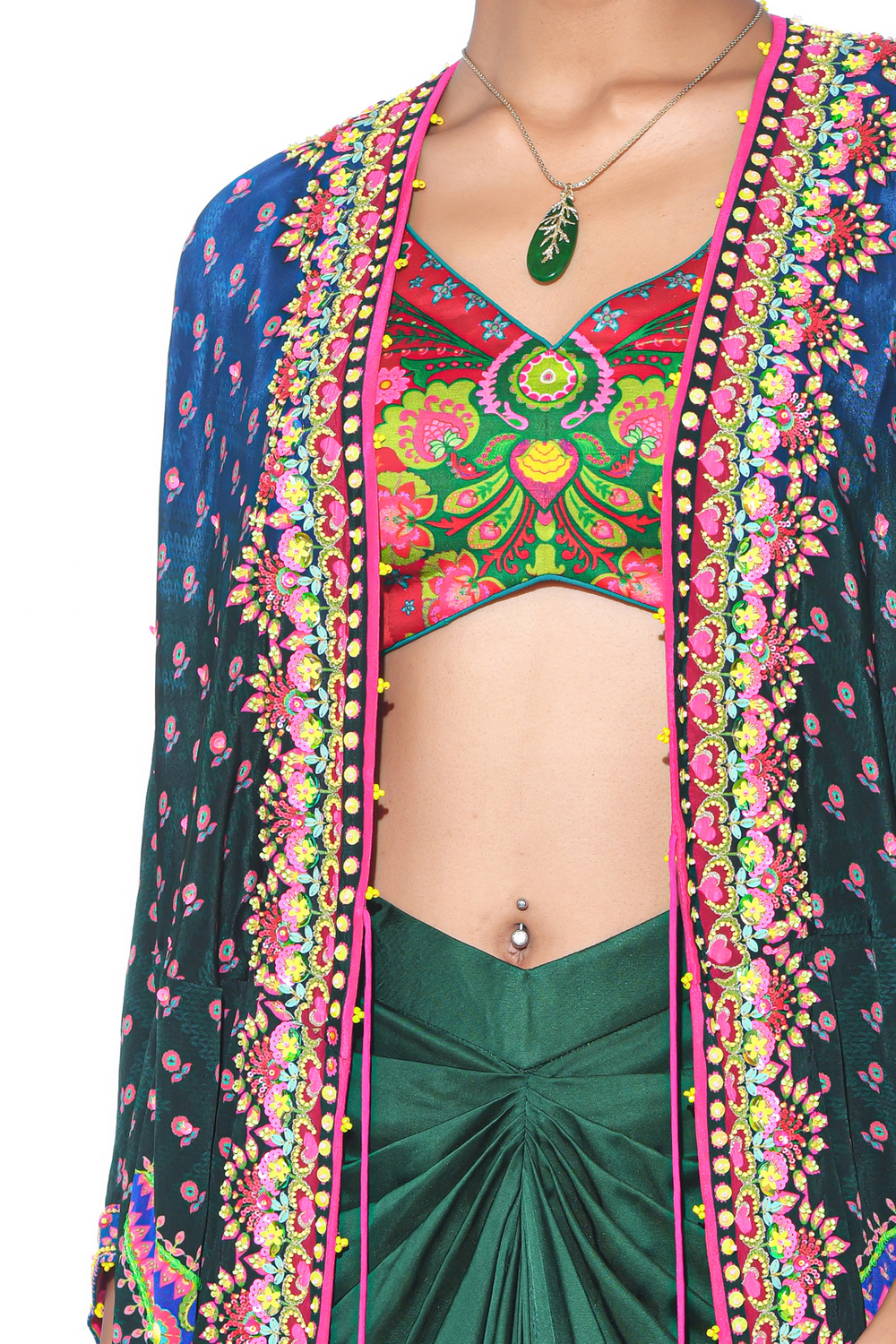 Ombre Oriental Blue Hand Embroidered Shrug Set-Kaftan-Siddhartha Bansal