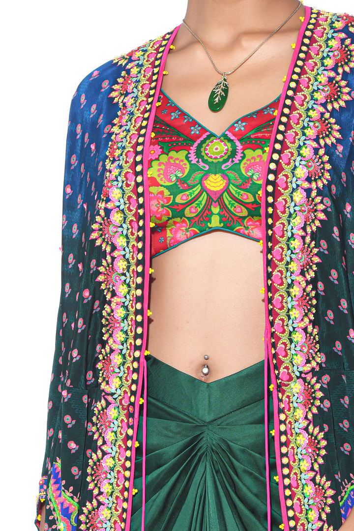 Ombre Oriental Blue Hand Embroidered Shrug Set-Kaftan-Siddhartha Bansal