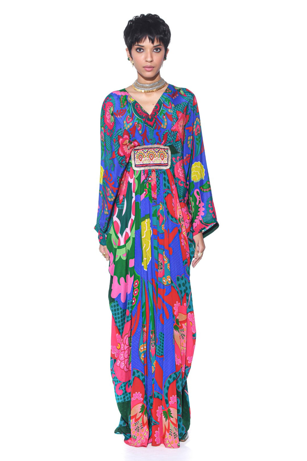 Electric Blue Royal Paisley Belt Kaftan-Kaftan-Siddhartha Bansal