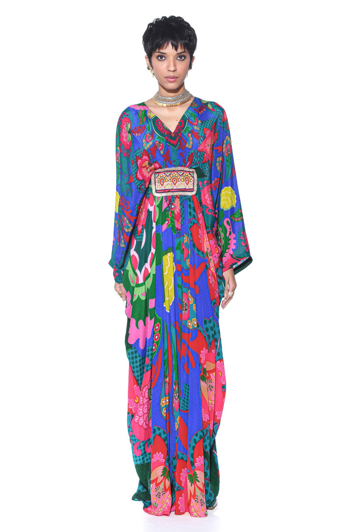 Electric Blue Royal Paisley Belt Kaftan-Kaftan-Siddhartha Bansal
