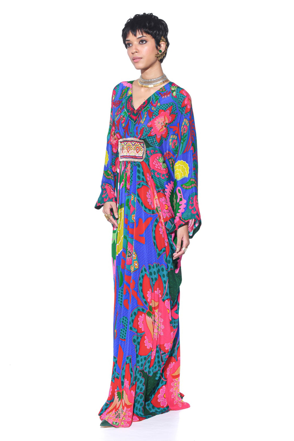 Electric Blue Royal Paisley Belt Kaftan-Kaftan-Siddhartha Bansal
