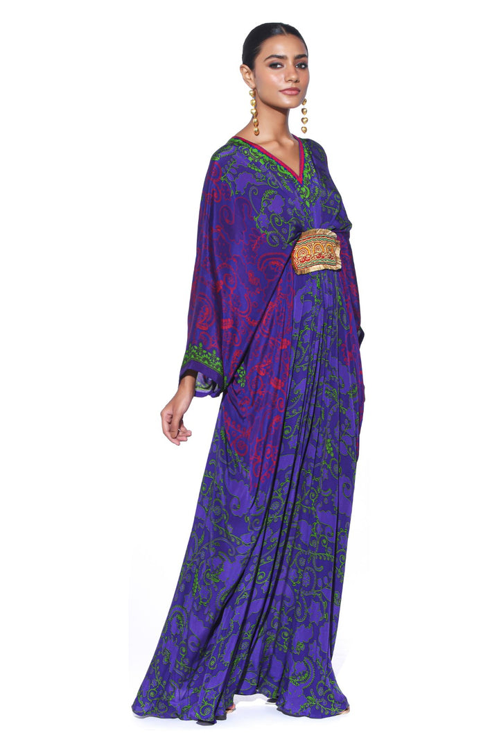 Violet Green Paisley Belt Kaftan-Kaftan-Siddhartha Bansal