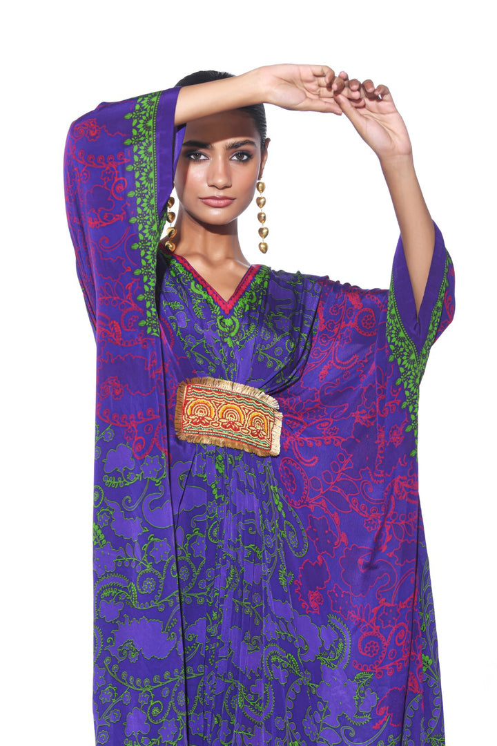 Violet Green Paisley Belt Kaftan-Kaftan-Siddhartha Bansal