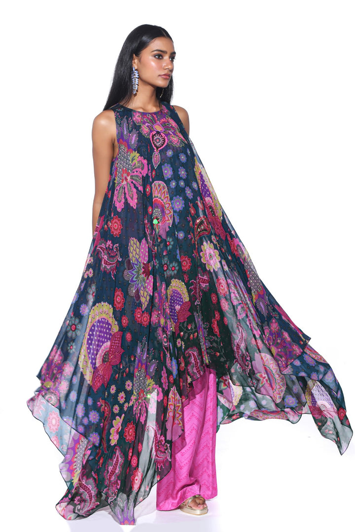 Midnight Blue High-Low Tunic Set-Siddhartha Bansal