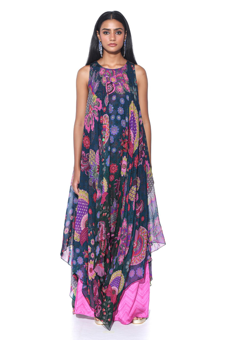 Midnight Blue High-Low Tunic Set-Siddhartha Bansal