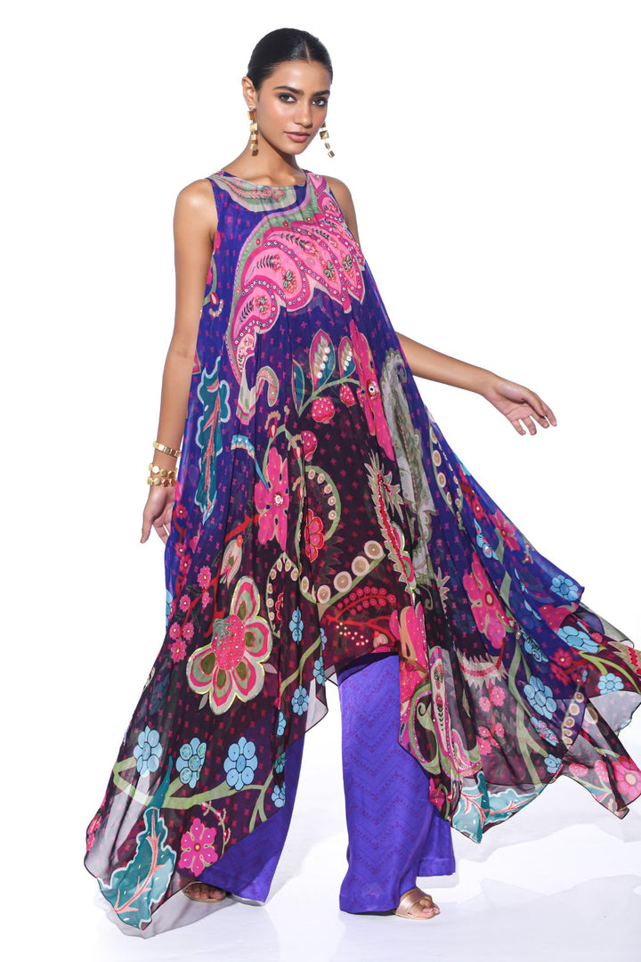 Violet High-Low Tunic Set-Siddhartha Bansal