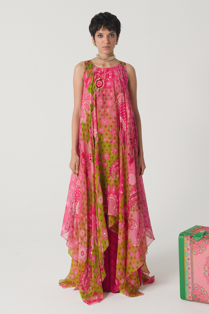 Sunset Orange High-Low Tunic Set-Siddhartha Bansal