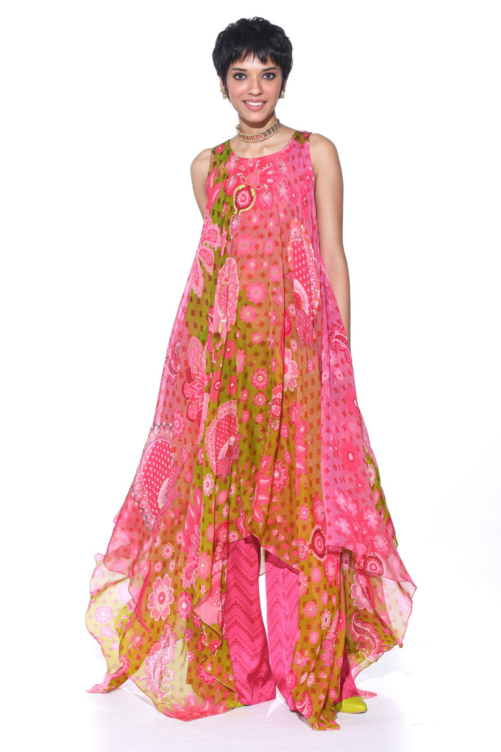Sunset Orange High-Low Tunic Set-Siddhartha Bansal