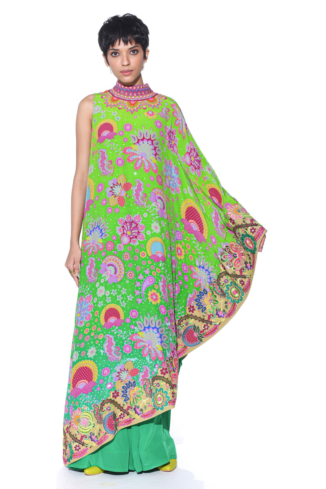 Neon Green Embroidered One Shoulder Dress And Jumpsuit 4XL