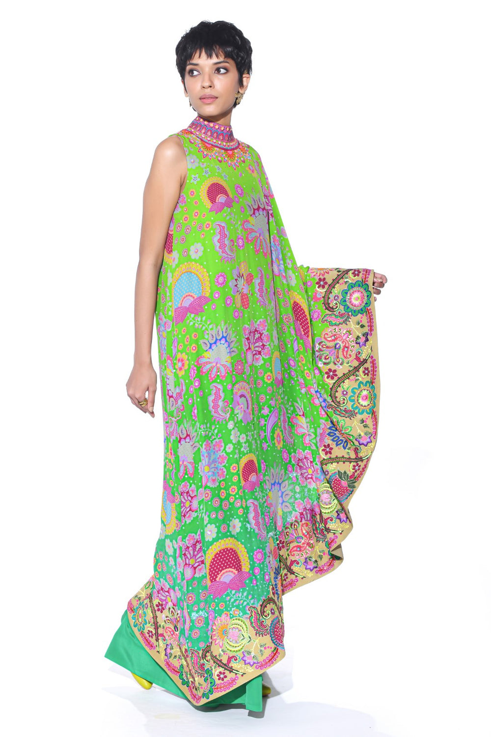 Neon Green Embroidered One Shoulder Dress And Jumpsuit-Siddhartha Bansal