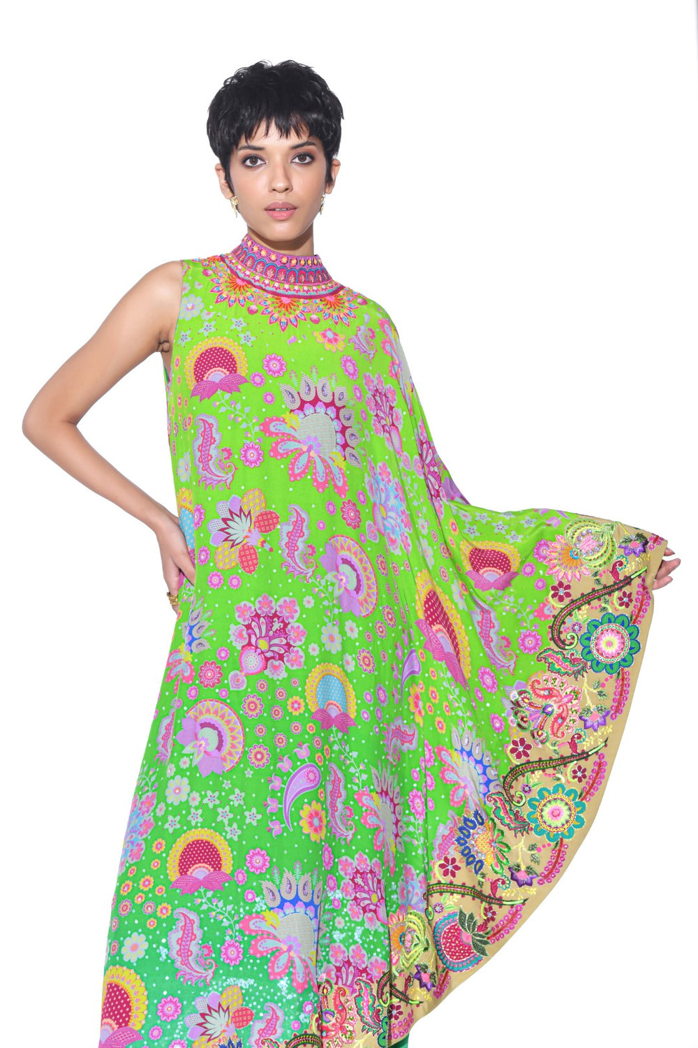 Neon Green Embroidered One Shoulder Dress And Jumpsuit-Siddhartha Bansal