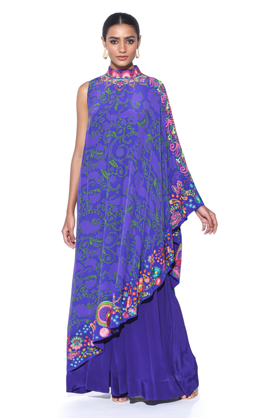 Royal Purple Embroidered One Shoulder Dress And Jumpsuit-Siddhartha Bansal