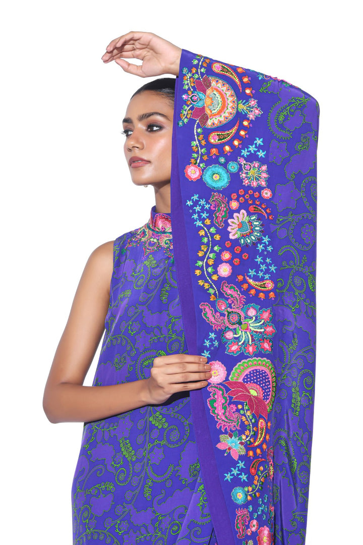 Royal Purple Embroidered One Shoulder Dress And Jumpsuit-Siddhartha Bansal