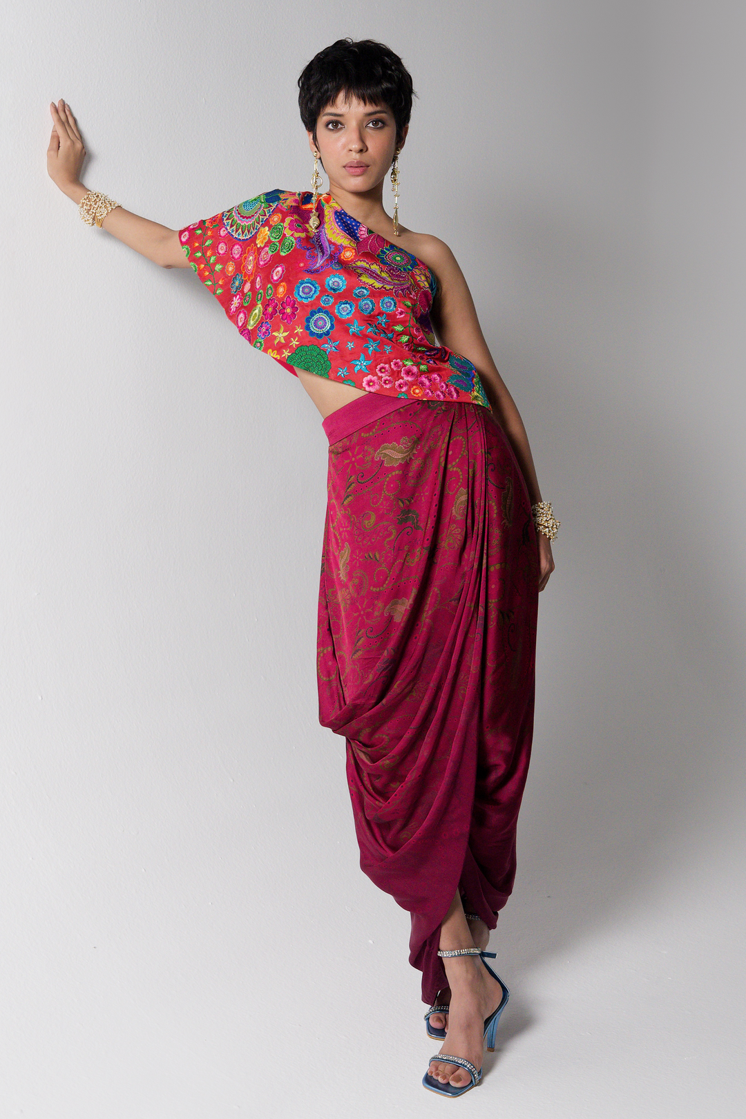 Crimson Red Embroidered One Shoulder Top And Drape Skirt-Co-ord Set-Siddhartha Bansal