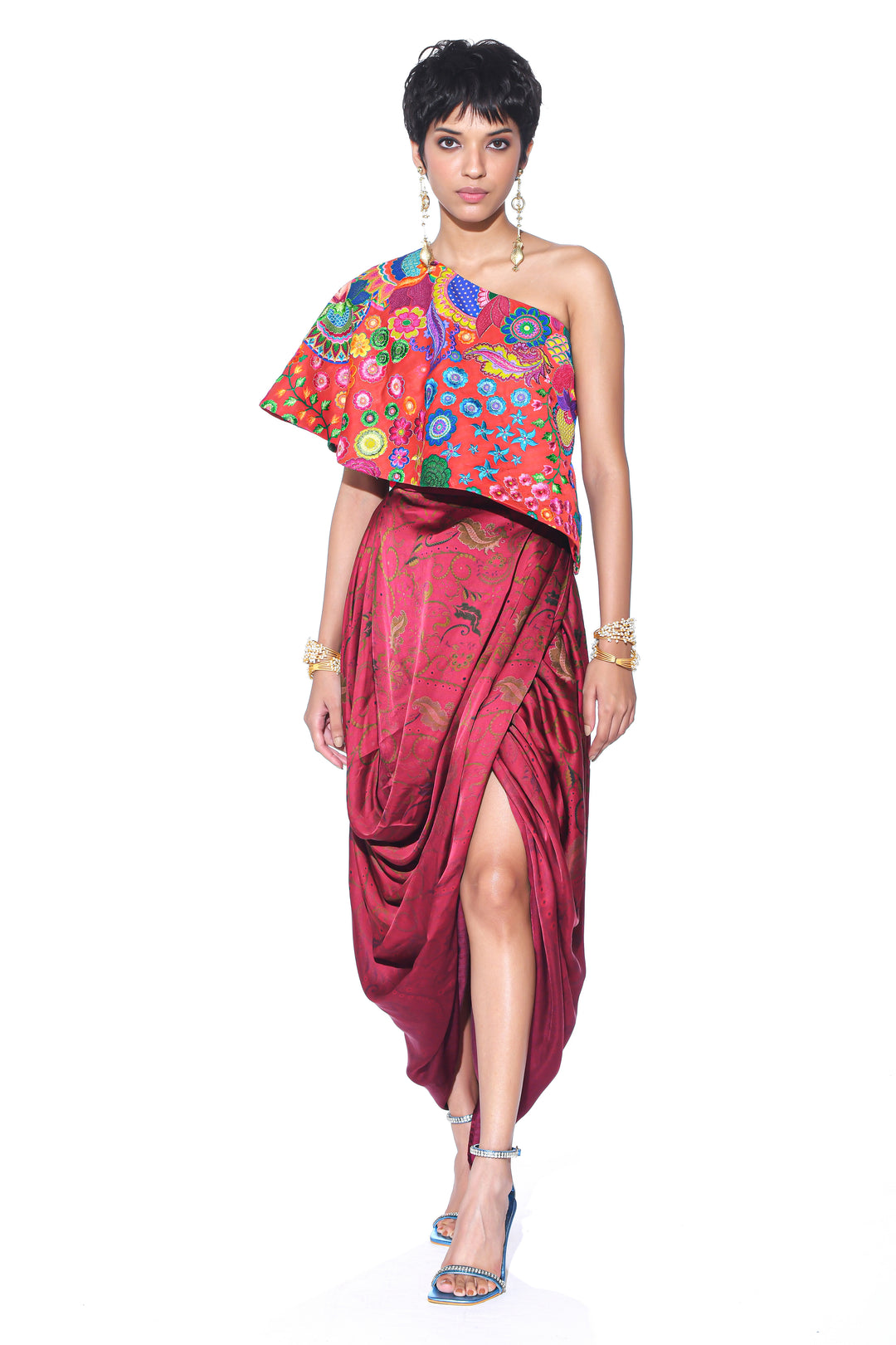 Crimson Red Embroidered One Shoulder Top And Drape Skirt-Co-ord Set-Siddhartha Bansal