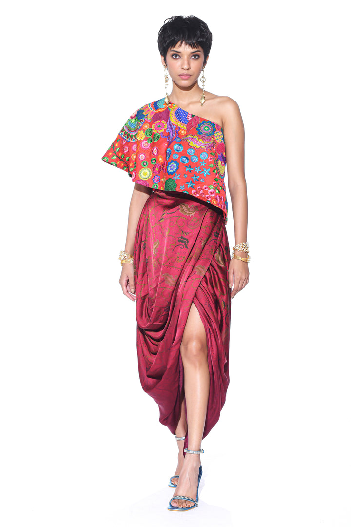 Crimson Red Embroidered One Shoulder Top And Drape Skirt-Co-ord Set-Siddhartha Bansal
