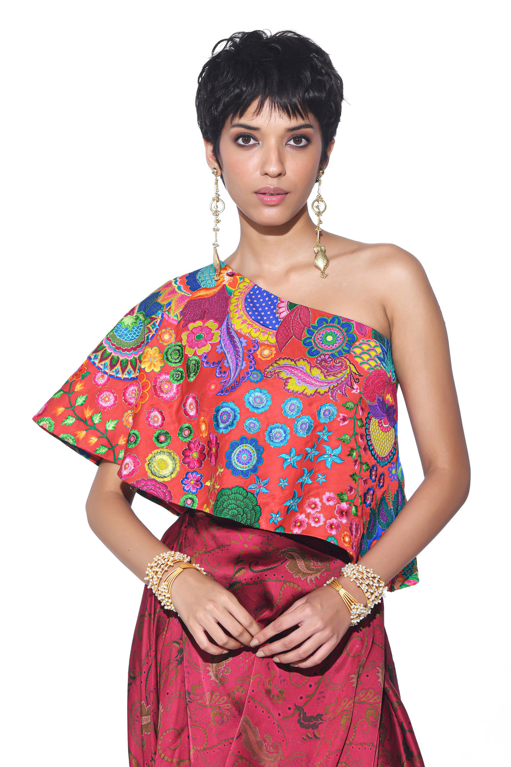 Crimson Red Embroidered One Shoulder Top And Drape Skirt-Co-ord Set-Siddhartha Bansal
