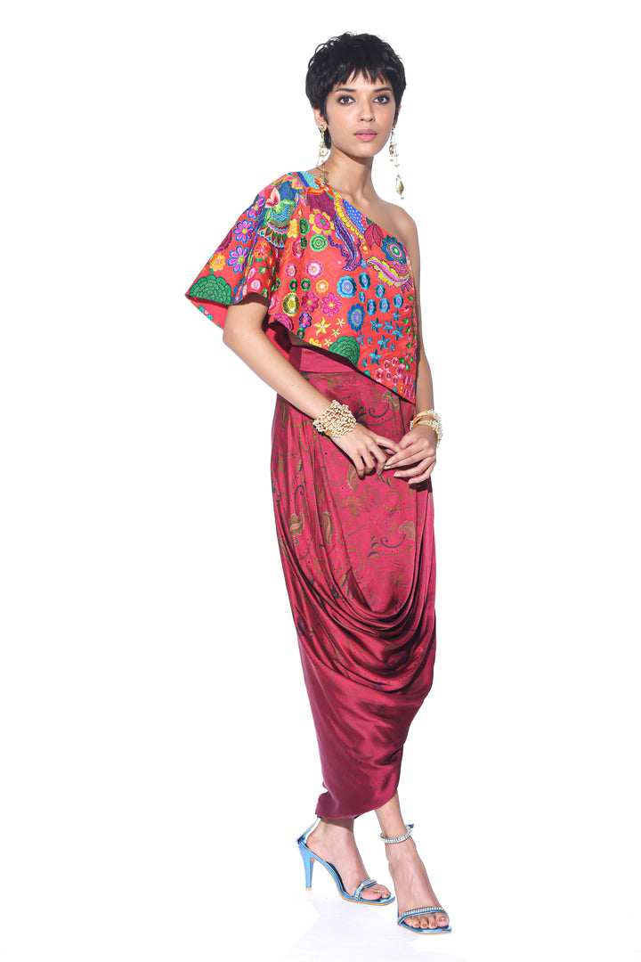 Crimson Red Embroidered One Shoulder Top And Drape Skirt-Co-ord Set-Siddhartha Bansal