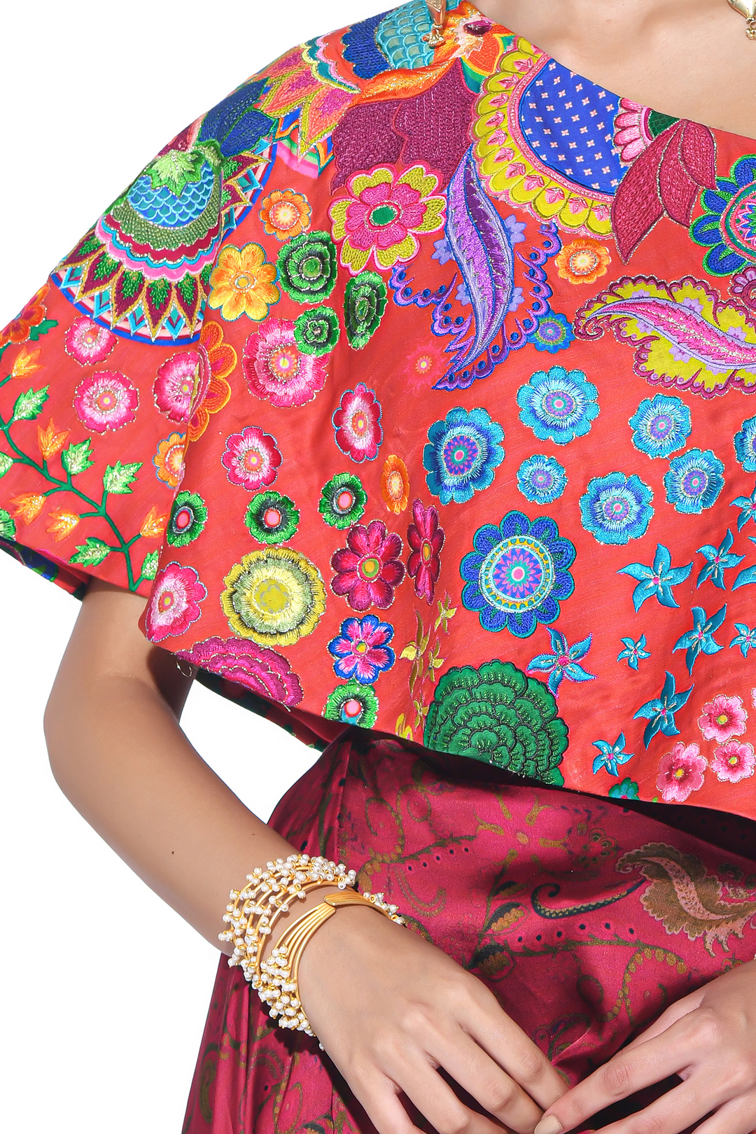 Crimson Red Embroidered One Shoulder Top And Drape Skirt-Co-ord Set-Siddhartha Bansal