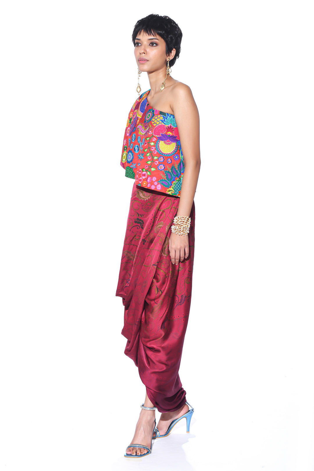Crimson Red Embroidered One Shoulder Top And Drape Skirt-Co-ord Set-Siddhartha Bansal