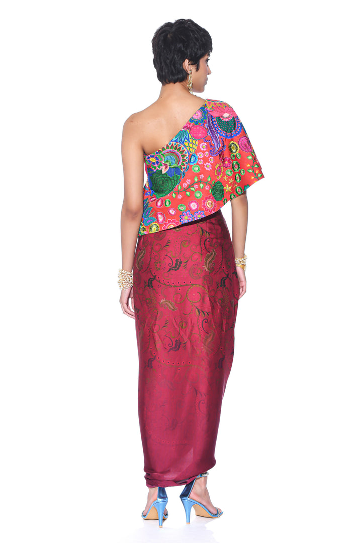 Crimson Red Embroidered One Shoulder Top And Drape Skirt-Co-ord Set-Siddhartha Bansal