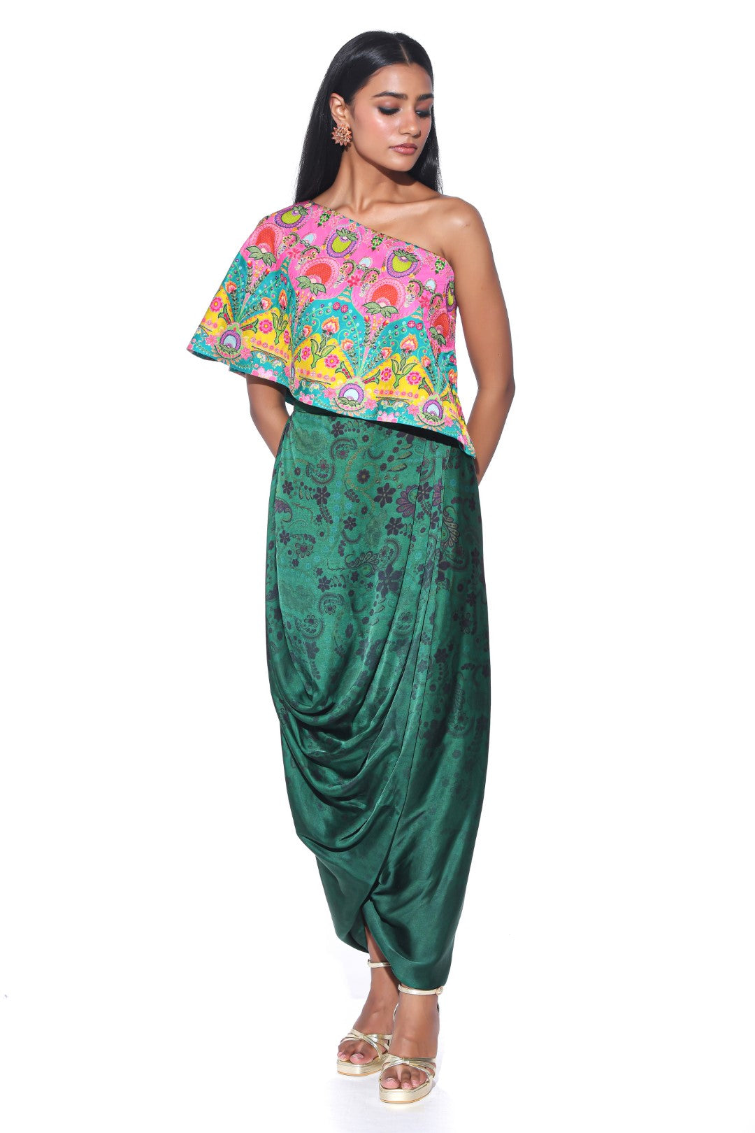 Pink And Teal Embroidered One Shoulder Top And Drape Skirt-Co-ord Set-Siddhartha Bansal