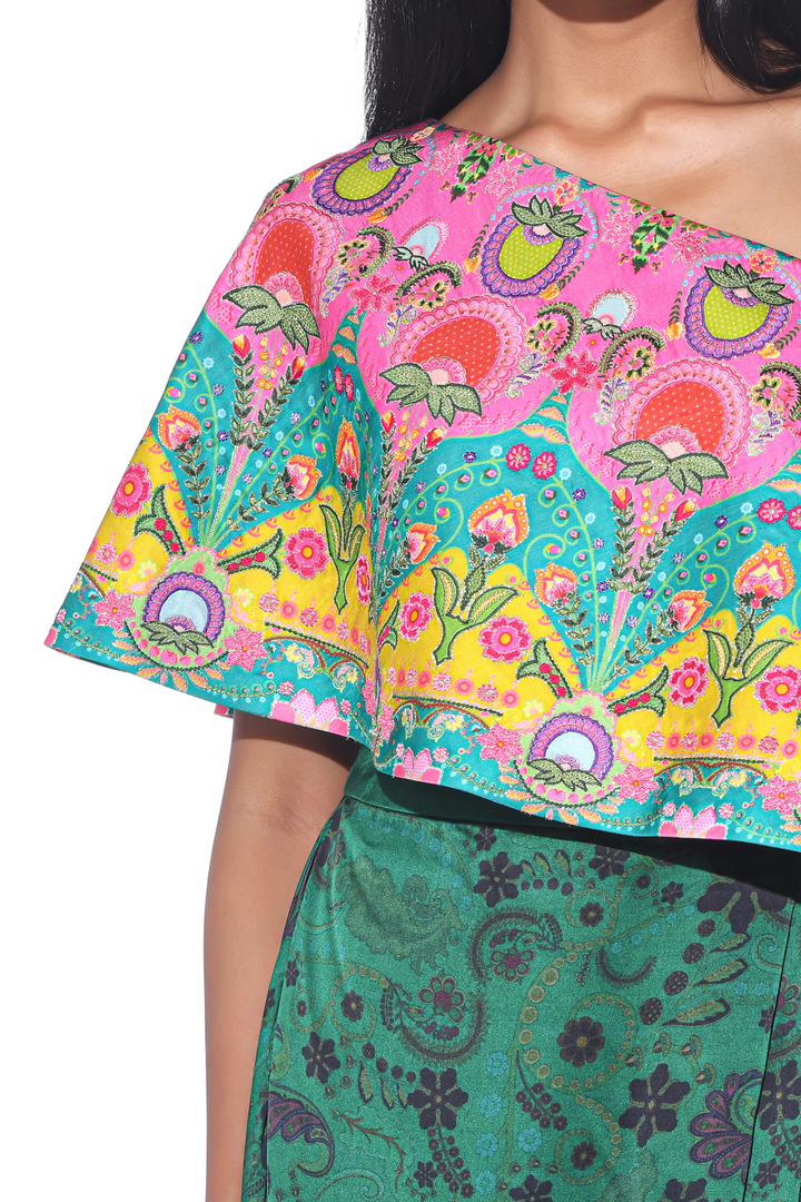 Pink And Teal Embroidered One Shoulder Top And Drape Skirt-Co-ord Set-Siddhartha Bansal