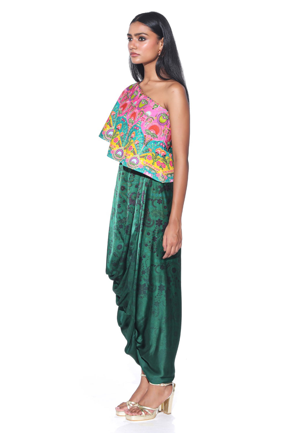 Pink And Teal Embroidered One Shoulder Top And Drape Skirt-Co-ord Set-Siddhartha Bansal