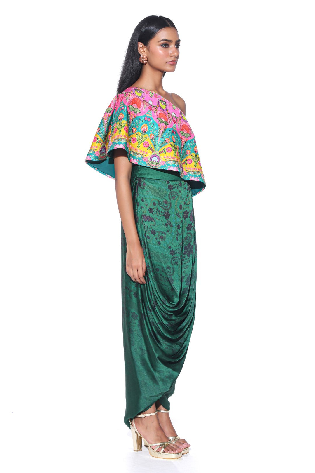 Pink And Teal Embroidered One Shoulder Top And Drape Skirt-Co-ord Set-Siddhartha Bansal