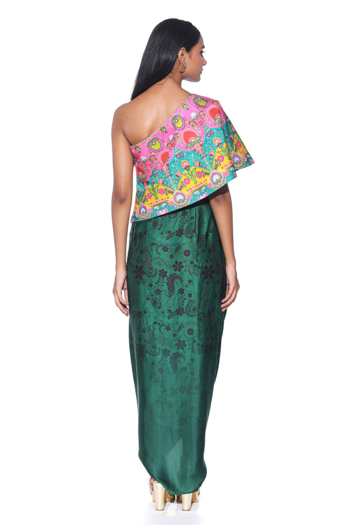 Pink And Teal Embroidered One Shoulder Top And Drape Skirt-Co-ord Set-Siddhartha Bansal