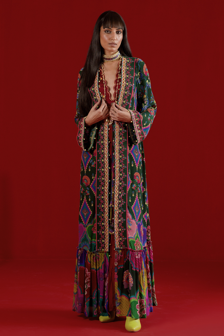 Bottle Green Embroidred Shrug, Sharara Set-Siddhartha Bansal