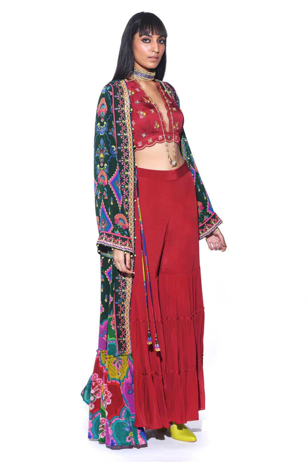 Bottle Green Embroidred Shrug, Sharara Set-Siddhartha Bansal