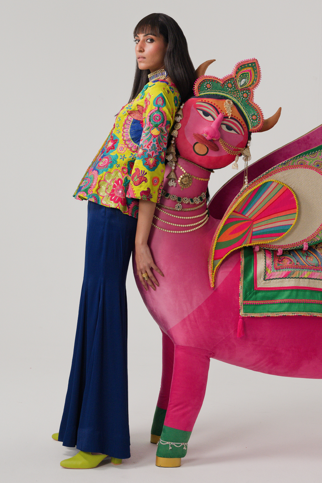 Lime Yellow 3D Embroidery, Peplum Top Sharara Set-Co-ord Set-Siddhartha Bansal