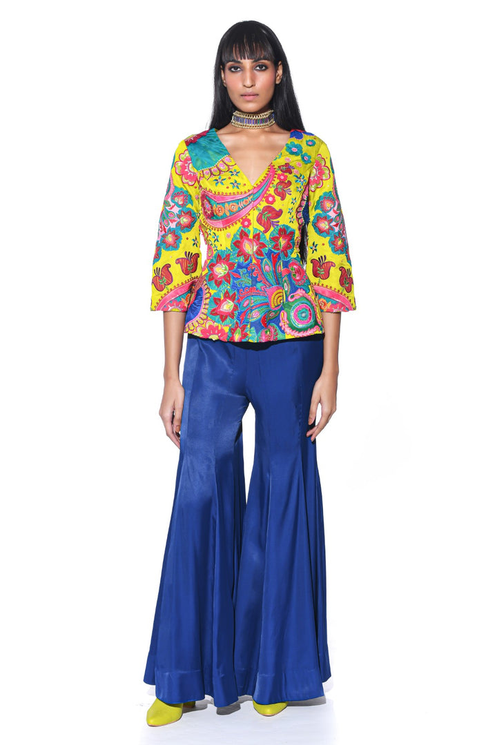Lime Yellow 3D Embroidery, Peplum Top Sharara Set-Co-ord Set-Siddhartha Bansal
