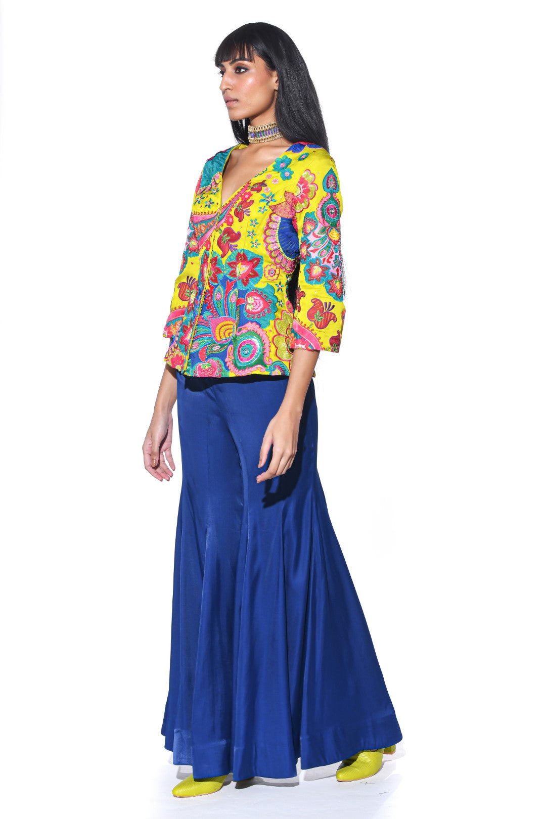 Lime Yellow 3D Embroidery, Peplum Top Sharara Set-Co-ord Set-Siddhartha Bansal