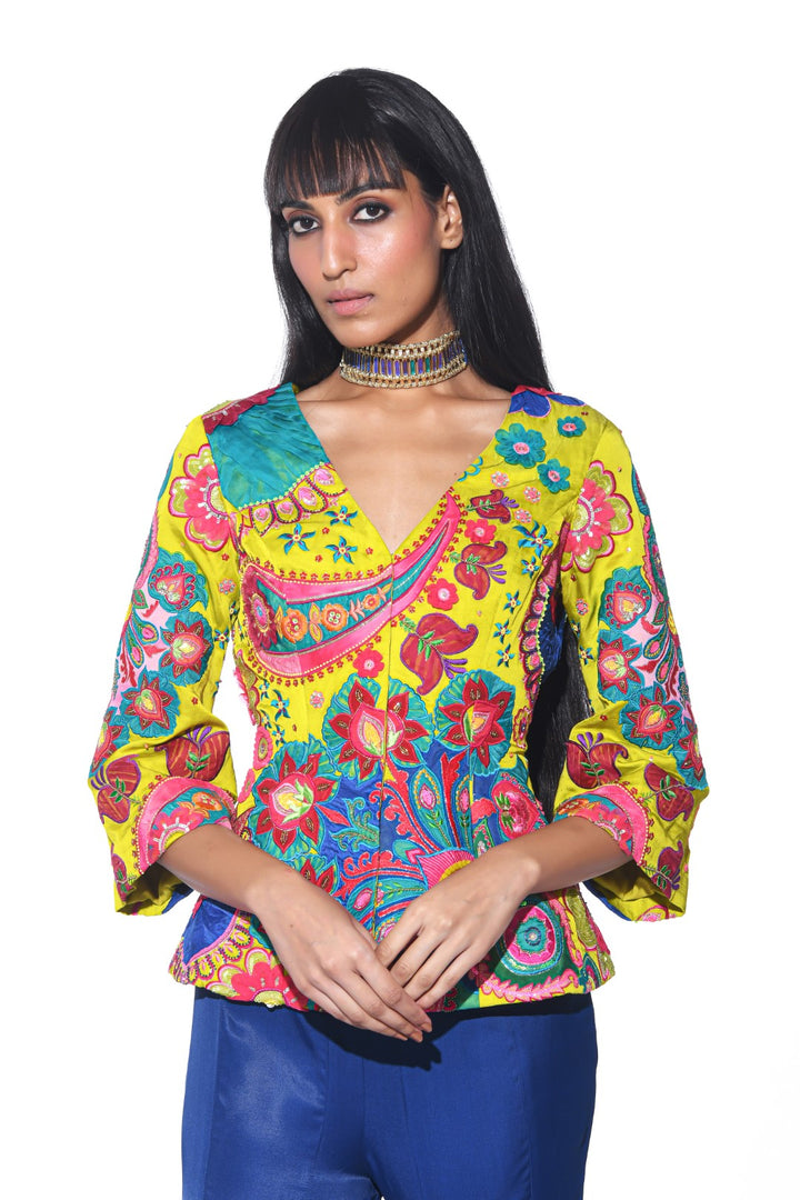 Lime Yellow 3D Embroidery, Peplum Top Sharara Set-Co-ord Set-Siddhartha Bansal