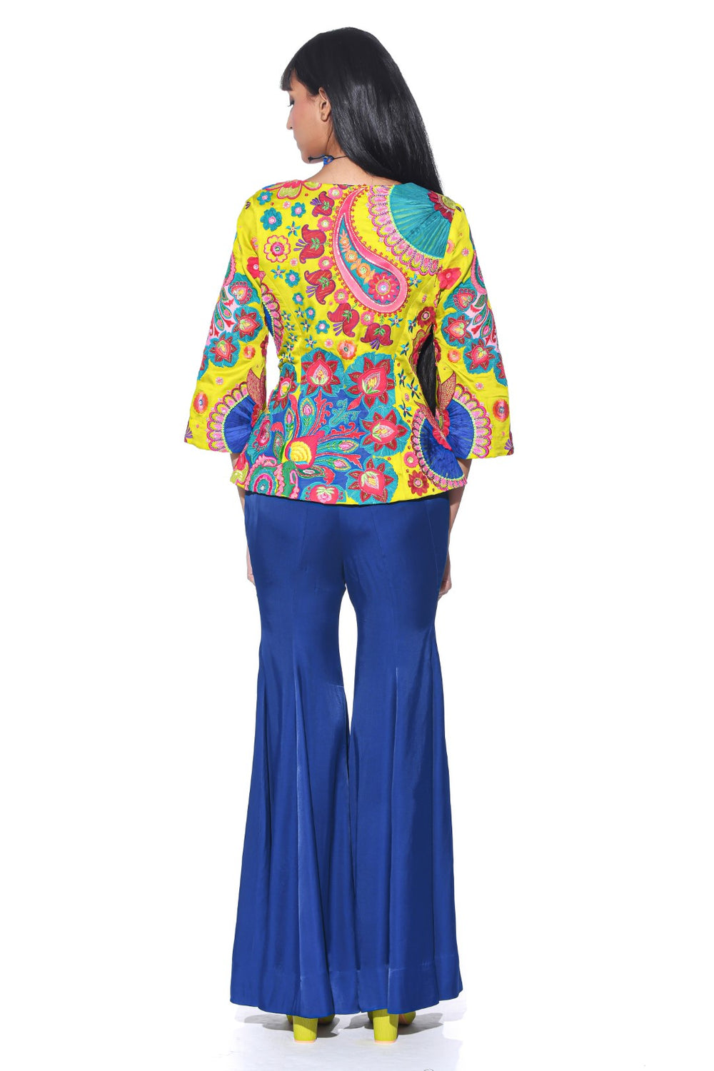 Lime Yellow 3D Embroidery, Peplum Top Sharara Set-Co-ord Set-Siddhartha Bansal