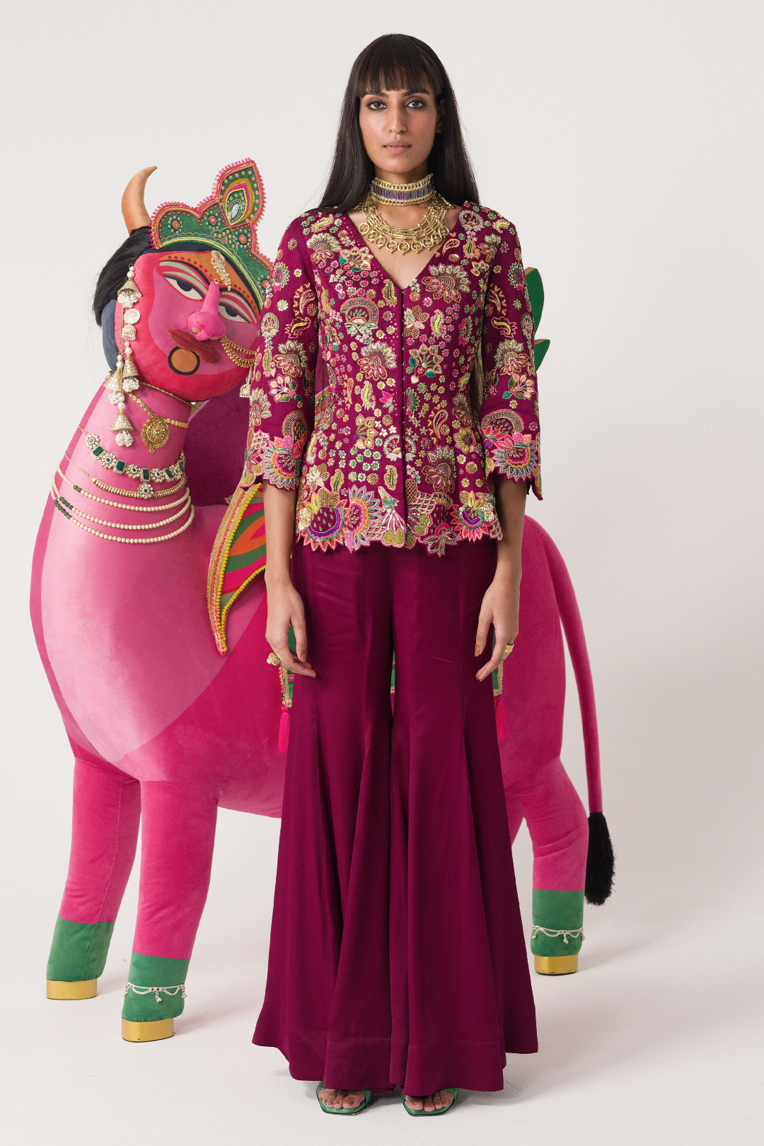 Crimson Red Embroidered Peplum Top Sharara Set-Co-ord Set-Siddhartha Bansal