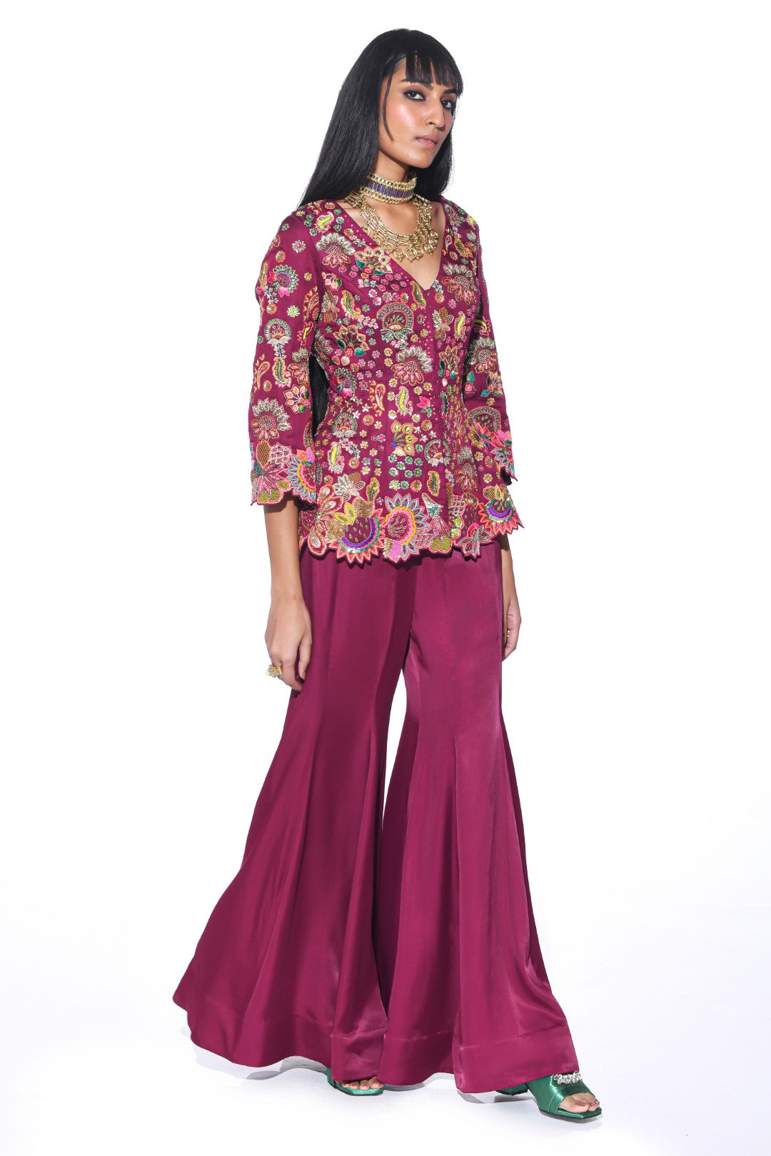 Crimson Red Embroidered Peplum Top Sharara Set-Co-ord Set-Siddhartha Bansal